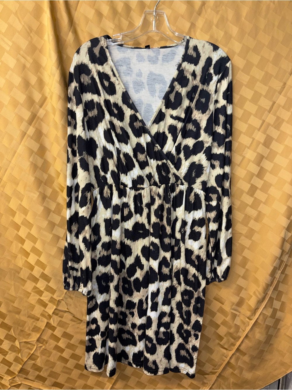 Leopard Print V-Neck Long Sleeve Dress - Black & Cream